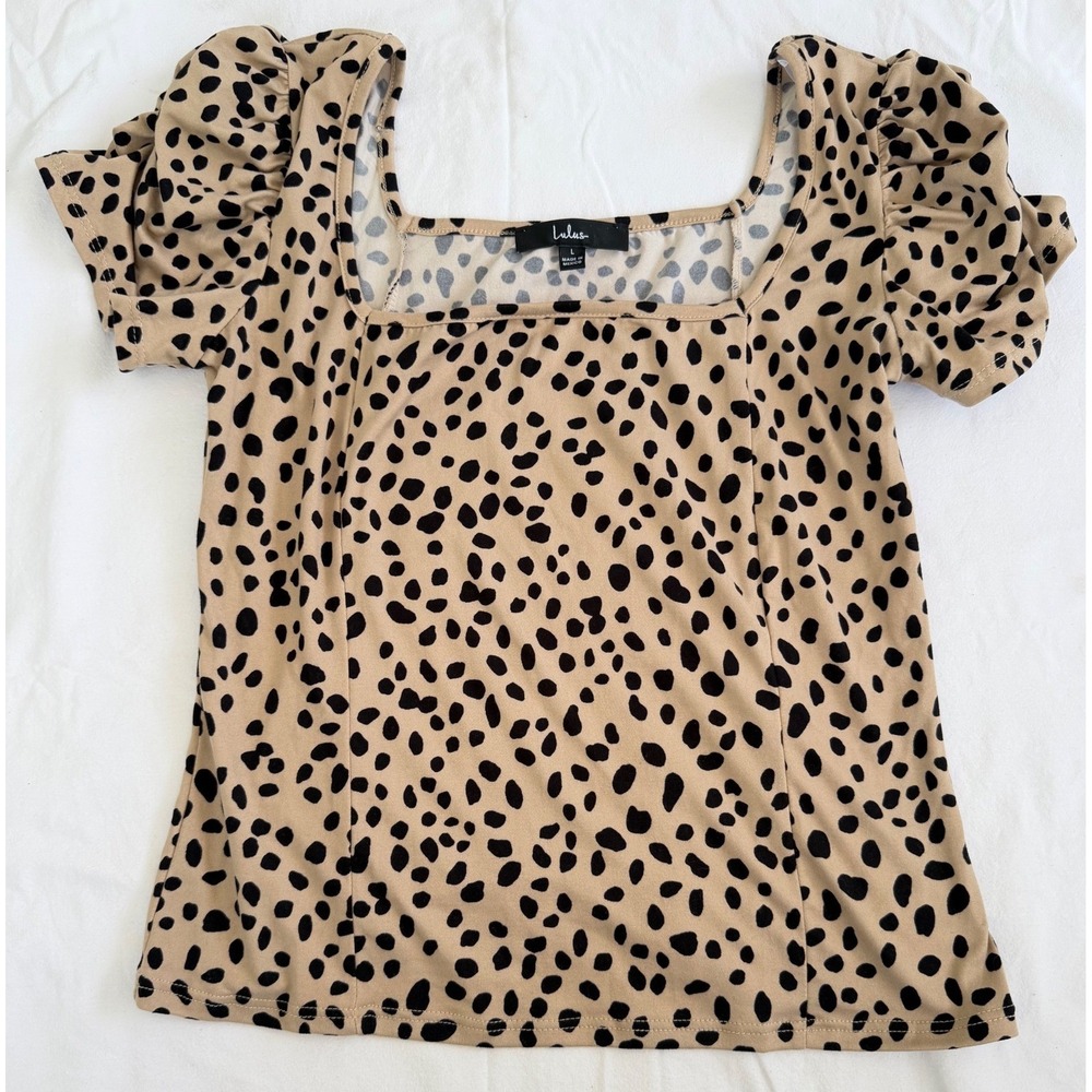 Lulus Dalmatian Print Puff Sleeve Square Neck Top Tan Black Sz L